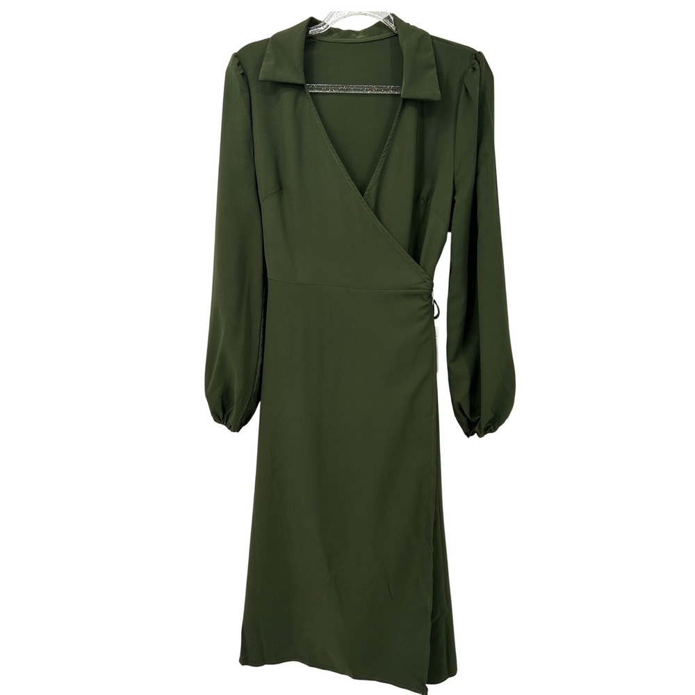 Olive Green Collared Wrap Midi Dress Long Bishop Sleeve Small Boutique